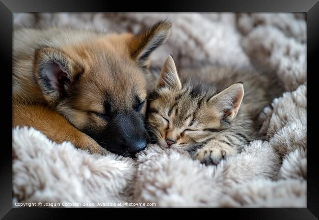 Adorable pets, puppy and kitten, sleep in good com Framed Print by Joaquin Corbalan