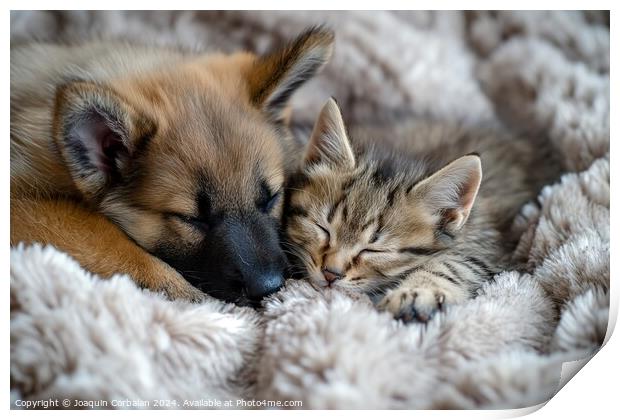 Adorable pets, puppy and kitten, sleep in good com Print by Joaquin Corbalan
