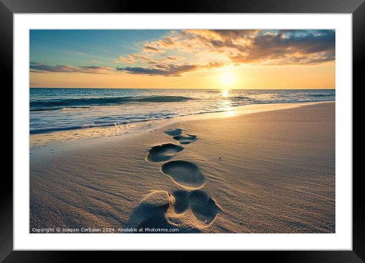 Golden hues mingle with the gentle ocean waves as  Framed Mounted Print by Joaquin Corbalan