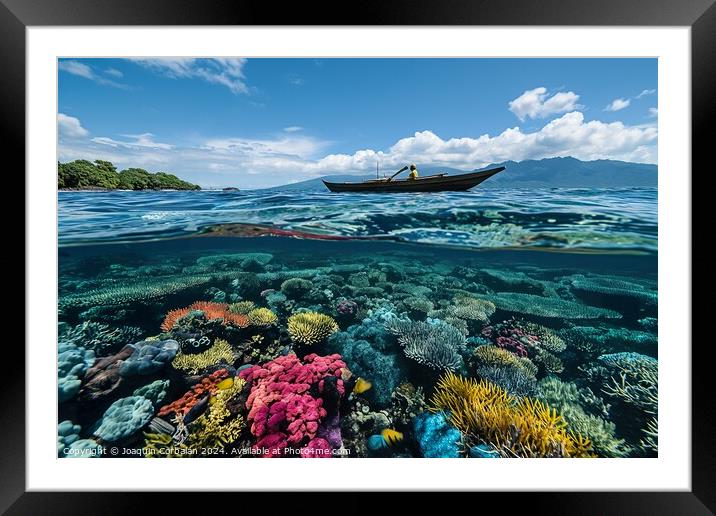 A boat peacefully floats over a vibrant and divers Framed Mounted Print by Joaquin Corbalan