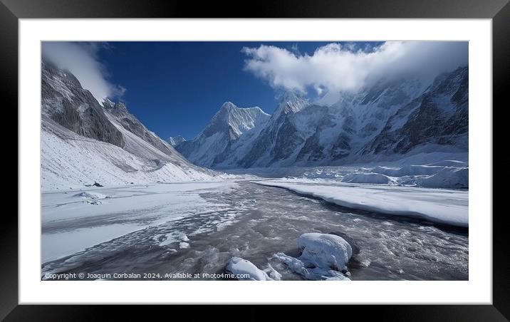 Nepalese glacier in spring, melting snow between high snowy mountains. Framed Mounted Print by Joaquin Corbalan