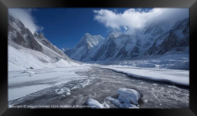 Nepalese glacier in spring, melting snow between high snowy mountains. Framed Print by Joaquin Corbalan