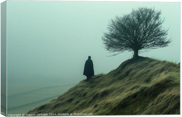 A person stands on top of a hill, next to a tree, overlooking the surrounding landscape. Canvas Print by Joaquin Corbalan
