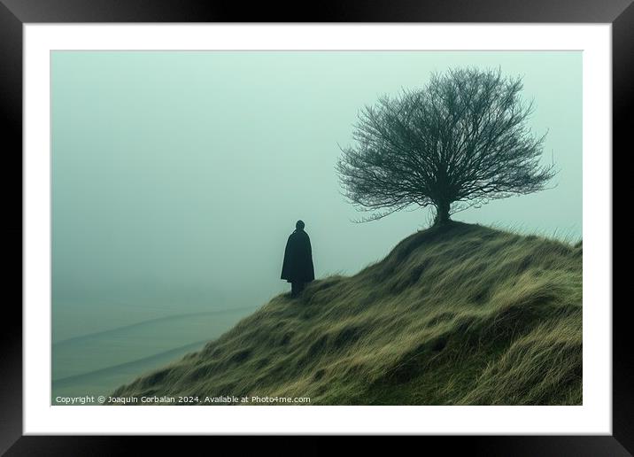 A person stands on top of a hill, next to a tree, overlooking the surrounding landscape. Framed Mounted Print by Joaquin Corbalan