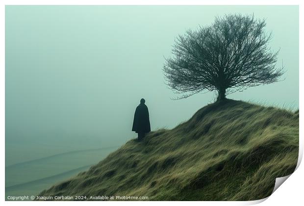 A person stands on top of a hill, next to a tree, overlooking the surrounding landscape. Print by Joaquin Corbalan