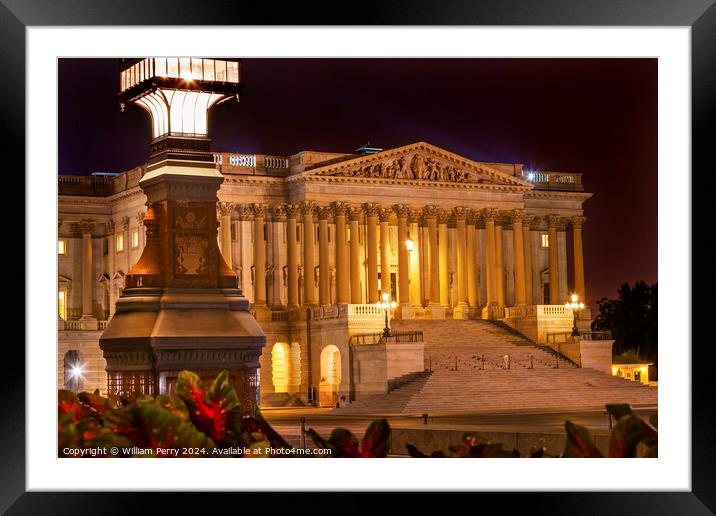 Senate US Capitol Night Washington DC Framed Mounted Print by William Perry