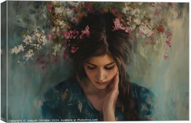 A painting depicting a woman with flowers adorning Canvas Print by Joaquin Corbalan
