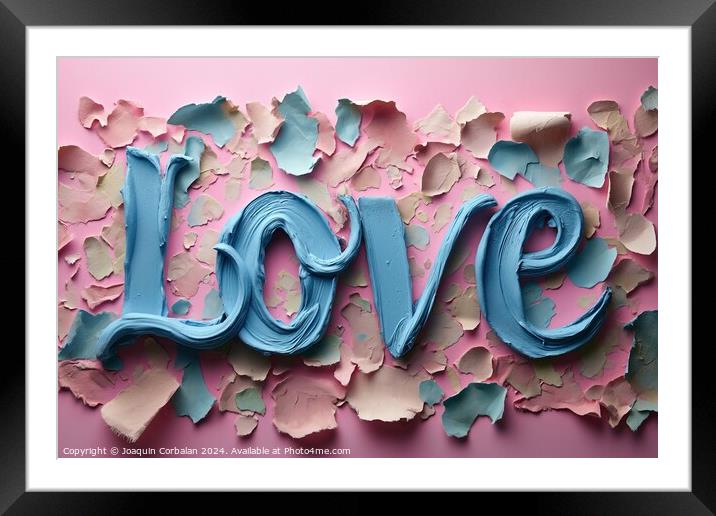 A photo of the word "love" spelled with blue paint Framed Mounted Print by Joaquin Corbalan