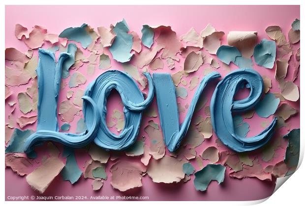 A photo of the word "love" spelled with blue paint Print by Joaquin Corbalan