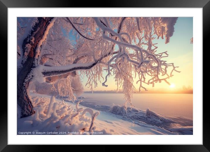a tree covered in snow next to a body of water, hi Framed Mounted Print by Joaquin Corbalan
