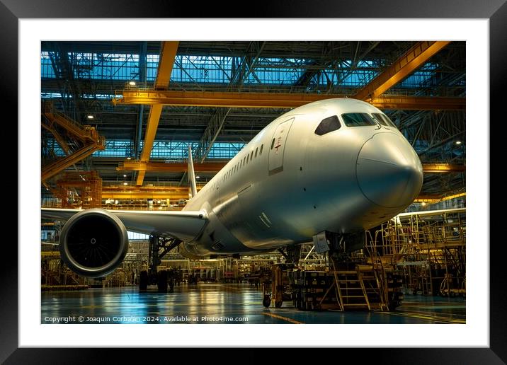 A sizable commercial jetliner rests inside a spaci Framed Mounted Print by Joaquin Corbalan
