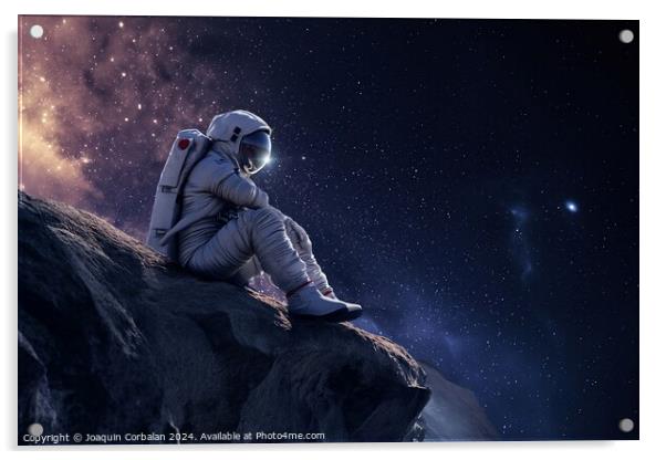 An astronaut sits on a rock gazing at the stars, r Acrylic by Joaquin Corbalan