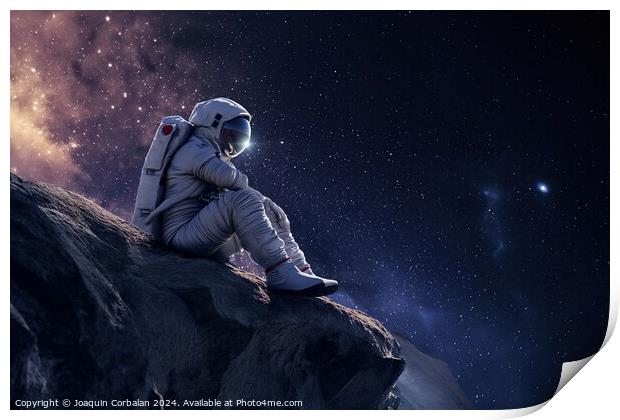 An astronaut sits on a rock gazing at the stars, r Print by Joaquin Corbalan