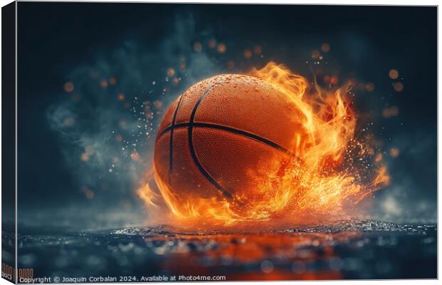 A basketball engulfed in flames stands out against Canvas Print by Joaquin Corbalan