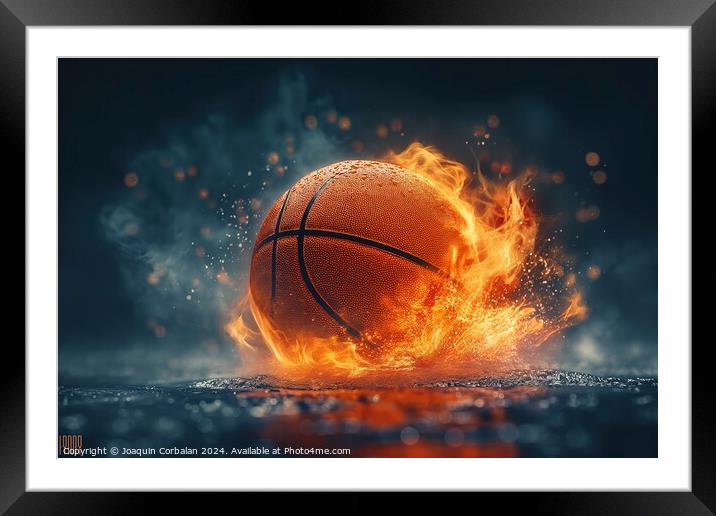 A basketball engulfed in flames stands out against Framed Mounted Print by Joaquin Corbalan