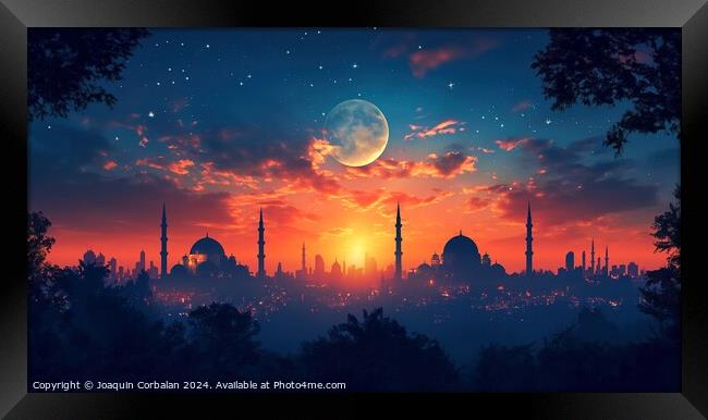 A stunning view of a mosque cityscape  at sunset,  Framed Print by Joaquin Corbalan