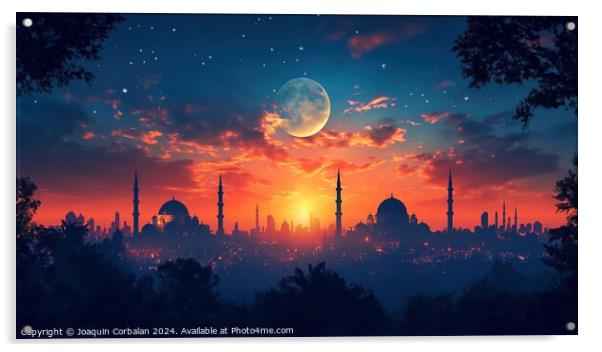 A stunning view of a mosque cityscape  at sunset,  Acrylic by Joaquin Corbalan