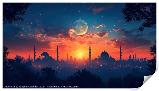 A stunning view of a mosque cityscape  at sunset,  Print by Joaquin Corbalan
