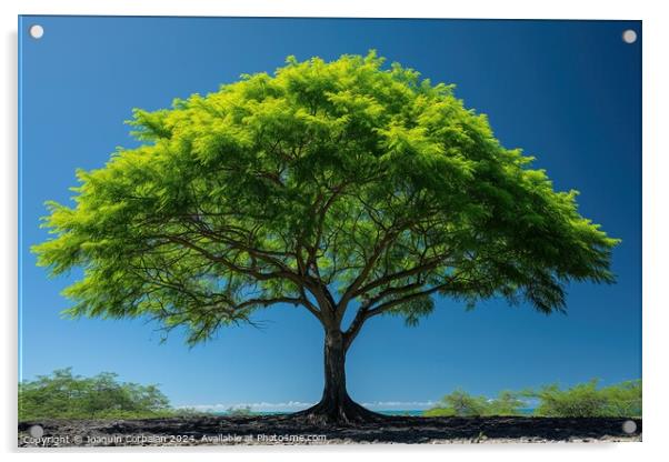 A large green moringa tree dominates the scene as  Acrylic by Joaquin Corbalan