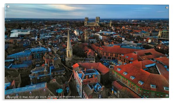 Aerial view of a historic city at dusk with prominent cathedral and urban landscape in York, North Yorkshire Acrylic by Man And Life
