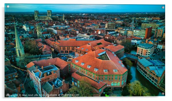 Aerial view of a historic city at dusk with prominent buildings and a clear sky in York, North Yorkshire Acrylic by Man And Life