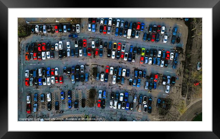 Aerial view of a crowded parking lot with various cars neatly parked in rows, showcasing urban transportation and infrastructure in York, North Yorkshire Framed Mounted Print by Man And Life