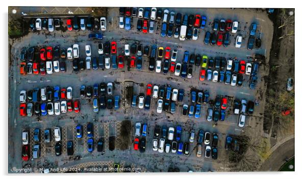 Aerial view of a crowded parking lot with various cars neatly parked in rows, showcasing urban transportation and infrastructure in York, North Yorkshire Acrylic by Man And Life