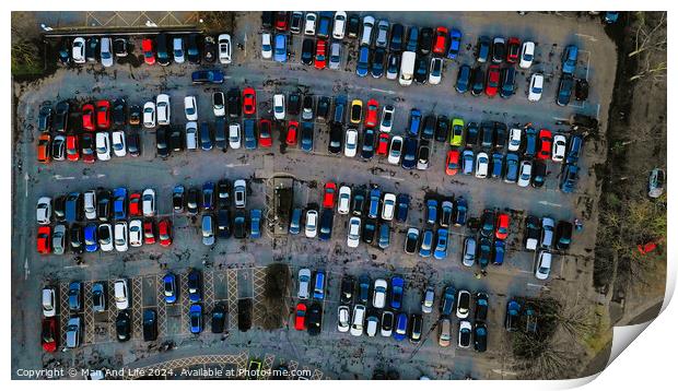 Aerial view of a crowded parking lot with various cars neatly parked in rows, showcasing urban transportation and infrastructure in York, North Yorkshire Print by Man And Life