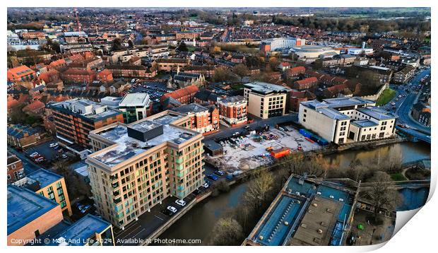 Aerial view of a modern urban cityscape at dusk with buildings and roads in York, North Yorkshire Print by Man And Life