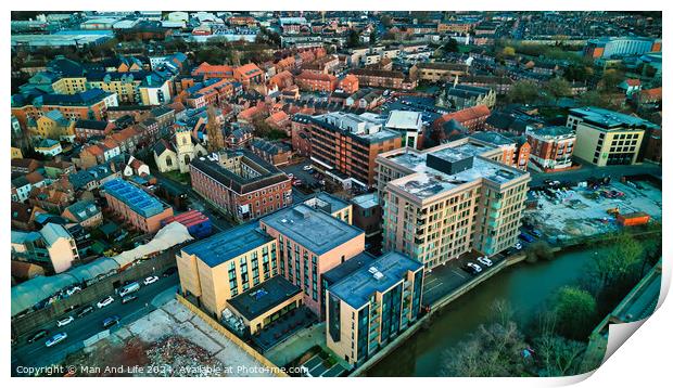 Aerial view of a vibrant urban landscape at dusk with buildings and a river in York, North Yorkshire Print by Man And Life