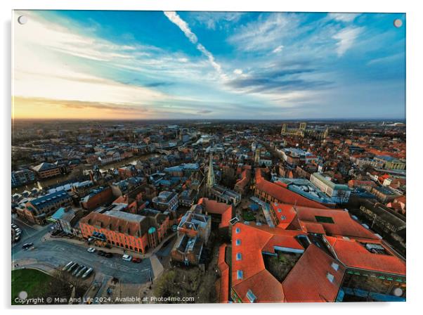 Aerial view of a European city at dusk with historic buildings and a dramatic sky in York, North Yorkshire Acrylic by Man And Life