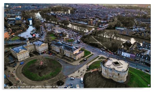 Aerial view of a historic city at dusk with a round tower, buildings, and a river in York, North Yorkshire Acrylic by Man And Life