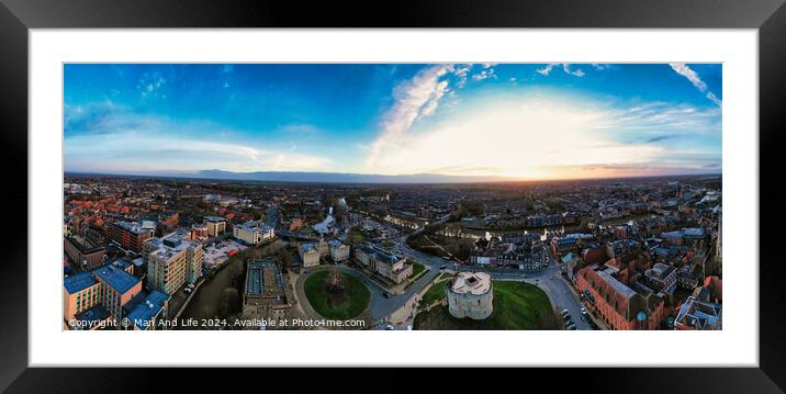 Panoramic aerial view of a city at sunset with dramatic sky and urban landscape in York, North Yorkshire Framed Mounted Print by Man And Life
