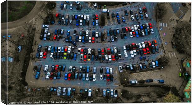 Aerial view of a crowded parking lot with various cars neatly parked in rows, showcasing urban transportation and infrastructure in York, North Yorkshire Canvas Print by Man And Life