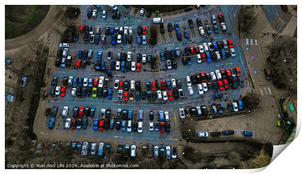 Aerial view of a crowded parking lot with various cars neatly parked in rows, showcasing urban transportation and infrastructure in York, North Yorkshire Print by Man And Life