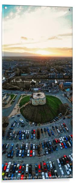 Aerial view of a parking lot and building at sunset with dramatic sky in York, North Yorkshire Acrylic by Man And Life