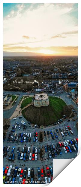 Aerial view of a parking lot and building at sunset with dramatic sky in York, North Yorkshire Print by Man And Life