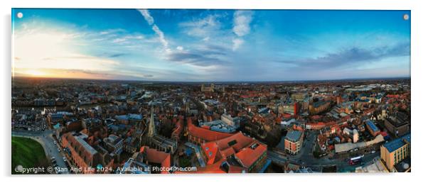 Panoramic aerial view of a cityscape at dusk with historic buildings and a dramatic sky in York, North Yorkshire Acrylic by Man And Life