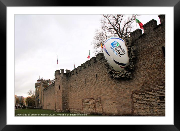 Cardiff Castle with Rugby Ball Framed Mounted Print by Stephen Hamer