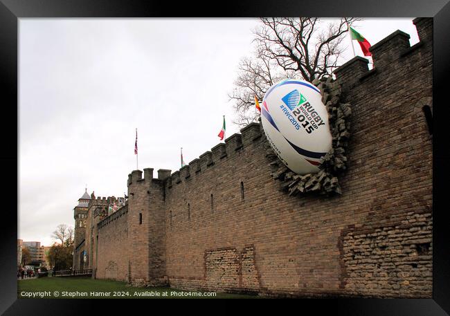 Cardiff Castle with Rugby Ball Framed Print by Stephen Hamer