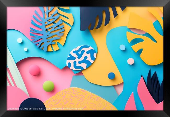 A close up of a wall covered in vibrant paper cutouts. Framed Print by Joaquin Corbalan