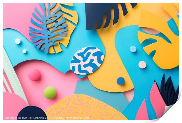 A close up of a wall covered in vibrant paper cutouts. Print by Joaquin Corbalan