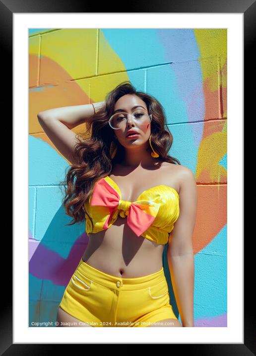 A woman wearing a yellow bikini top and matching shorts poses in front of the camera. Framed Mounted Print by Joaquin Corbalan