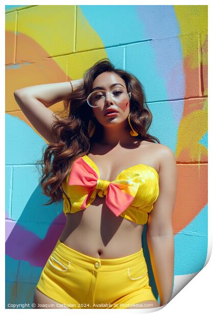 A woman wearing a yellow bikini top and matching shorts poses in front of the camera. Print by Joaquin Corbalan