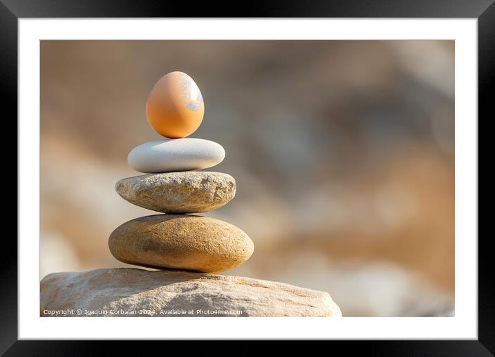A photograph showcasing a stack of rocks with a ca Framed Mounted Print by Joaquin Corbalan