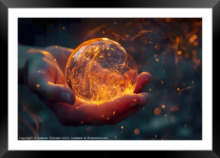 A person is seen holding a ball that emits a soft glow in their hands. Framed Mounted Print by Joaquin Corbalan