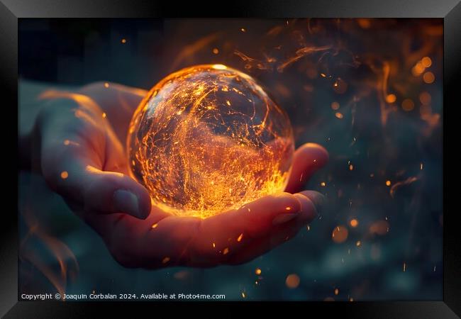 A person is seen holding a ball that emits a soft glow in their hands. Framed Print by Joaquin Corbalan