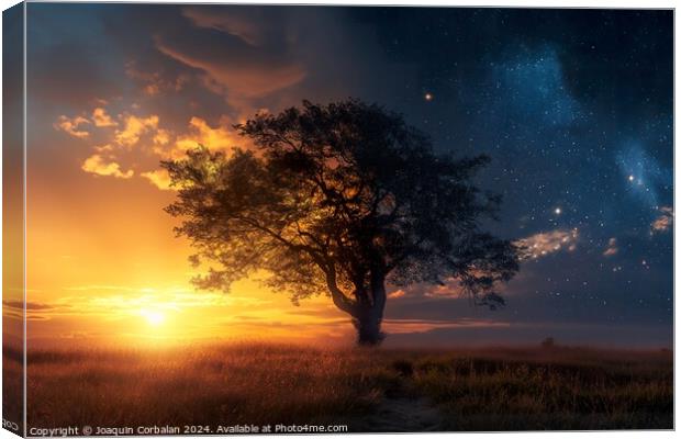 A lone tree stands in a field as the sun sets, cas Canvas Print by Joaquin Corbalan