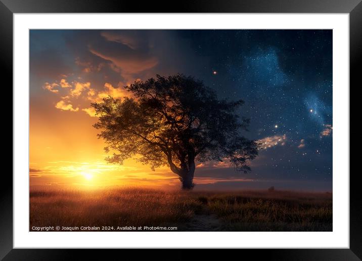 A lone tree stands in a field as the sun sets, cas Framed Mounted Print by Joaquin Corbalan
