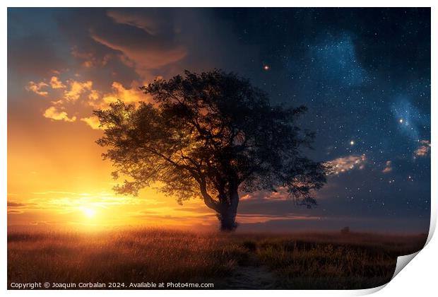 A lone tree stands in a field as the sun sets, cas Print by Joaquin Corbalan
